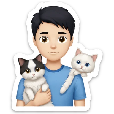 teenage boy with black hair wearing blue short sleeve shirt holding a white ragdoll cat sticker