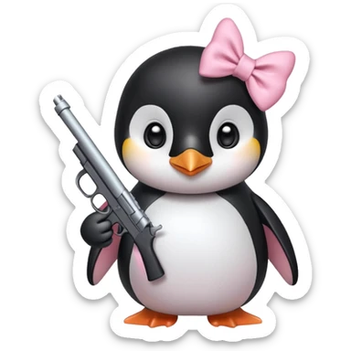 cute penguin wearing light pink bow on neck and holding light pink gun  sticker