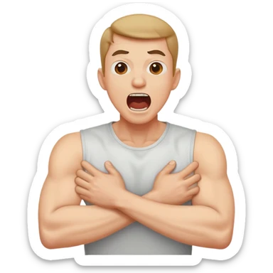 Arms crossed holding neck with screaming man sticker