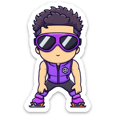 male athlete with white skin and moderately curly black hair on top with shaved sides, wearing ski goggles with purple frames and very dark black lenses, a simple plain black chain necklace, and a completely unzipped sleeveless vest with purple and black sequin fire pattern design, fully revealing his chest, shoulders and arms, no earrings sticker