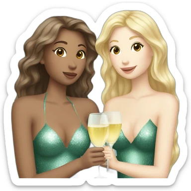 Three beautiful mermaids (two brown hair and blond one) drinking prosecco sticker