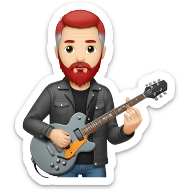 a short grey hair, with long side beard shop, middle age metal head with a classic epiphone eletric guitar sticker