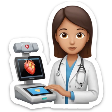 Cardiac sonographer with Philips ultrasound machine sticker