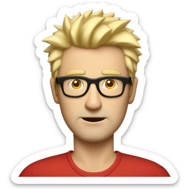 Nerdy middle aged white man with short blond spiky hair looking confused and wearing sunglasses and a red tee shirt holding an electronic tablet sticker