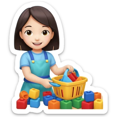 A cute 4-year-old Japanese girl with a big smile, proudly cleaning up her toys by herself in a bright playroom. She is putting colorful blocks and dolls back into baskets, looking happy and accomplished.  sticker
