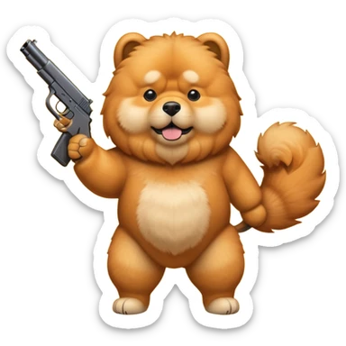 Funny cartoon-style chow chow dog standing on its hind legs and holding a gun menacingly sticker