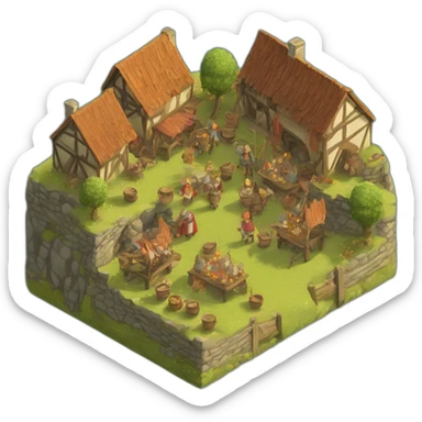 isometric view of a medieval village, festival mood, celebration sticker