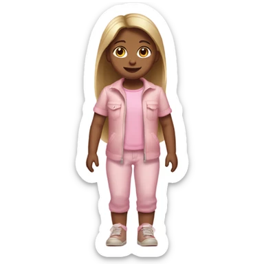 do a white little girl with dirty blond straight hair brown eyes and a cute baby pink outfit, full body arms legs  sticker