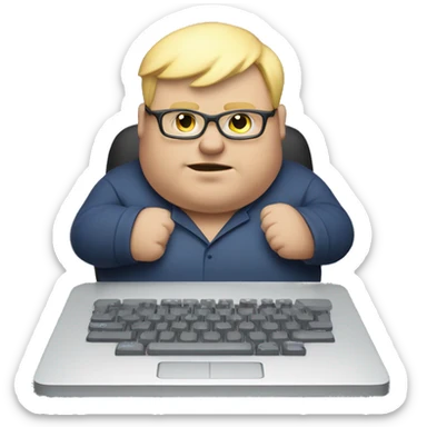 A fat guy with no shirt on with blonde hair and glasses typing on a keyboard  sticker
