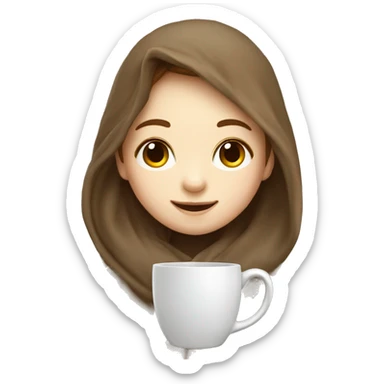 cute smiling girl with pale skin and long brown hair under blanket with a cup sticker