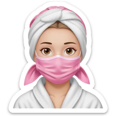 A girl with her hair tied back in a towel, her face is covered by a pink skin mask except for her eyes, nose and mouth, she is wearing a white coat  sticker