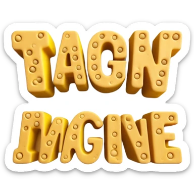 Create clean 4K high contrast and quality front view design with Futuristic Cool 3D Rough Text Letters "IMAGINE" Made of Clay with holes like a sponge, transparent background. sticker