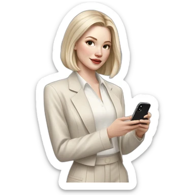 pale skin woman with ash blonde Straightened bob Hair, White Spacious classical jacket, beige palazzo Arrow pants and gray blouse holding white IPhone 15 pro in the hands sticker