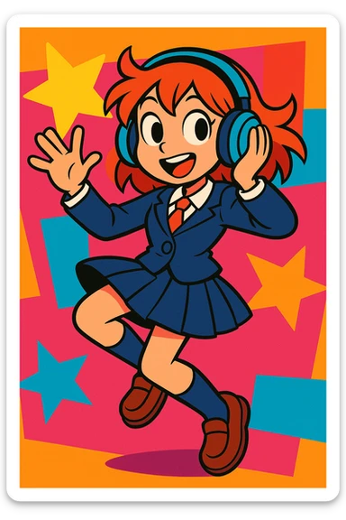 girl in a school uniform with headphones, vibrant cartoon style, dynamic pose, colorful background sticker
