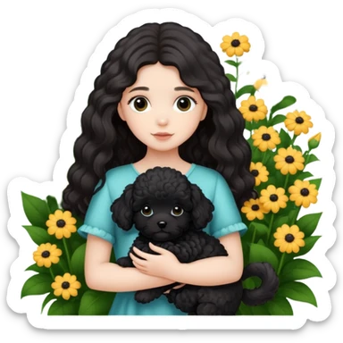 A long-haired girl holding a black maltipoo puppy in the flowers sticker