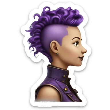 Photorealistic steampunk profile short mohawk purple wavy  on Caucasian girl with small nose round face sticker