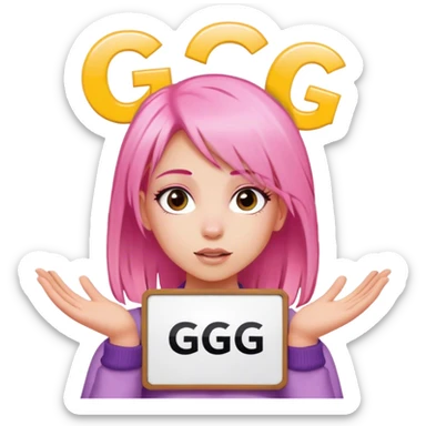 girl with pink hair holding a sign above her head. the text on the sign says 'GG' in a big font sticker