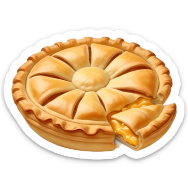 Cinematic Realistic Burek sa Sirom Dish Emoji, showcasing a flaky pastry filled with cheese rendered with crisp textures and appetizing, warm lighting. sticker