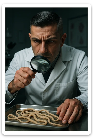 A middle-aged male kinesiologist wearing a pristine white lab coat, intensely analyzing long, beige tapeworms (like Taenia) under a magnifying glass. His expression is focused and slightly concerned, with dramatic studio lighting casting sharp shadows. The parasites are highly detailed, moist, and textured, stretched across a sterile metal tray. The background is blurred but suggests a clinical environment—hints of a microscope, medical charts, and clean lab equipment. The style is hyper-realistic, with a cinematic contrast between the bright white coat and the grotesque, organic forms of the parasites. No sci-fi elements, just raw medical realism with a disturbing edge sticker