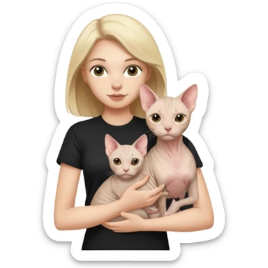 A white girl with light hair in black T-shirt is holding a Sphynx girl cat in her arms sticker