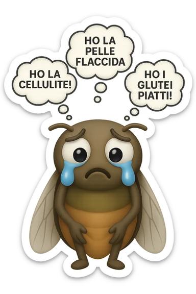 EMOJI STILE IPHONE 3D DI una cicala triste che si tocca le cosce e piange perché non le piace il suo fisico, posa frontale, fagli anche la parte bianca degli occhi, non solo la pupilla, sulla testa della cicala aleggiano i pensieri "HO LA PELLE FLACCIDA", "HO LA CELLULITE!", "HO I GLUTEI PIATTI!" sticker