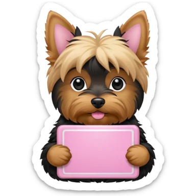 yorkshire dog holding a light pink danke schön sign sticker