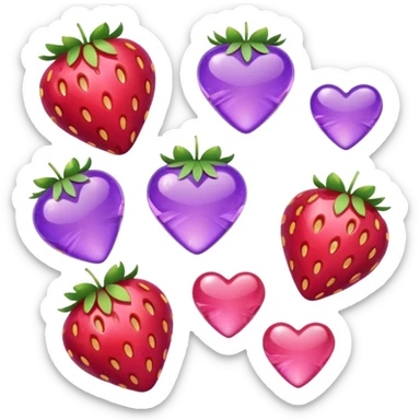 strawberries, pink and purple hearts, candy sticker