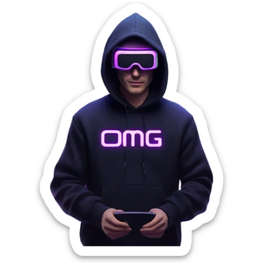 Russian man wearing a black hoodie with "OMG" letters on it and VR headset in a cyberpunk VR environment with violet neon lighting. sticker