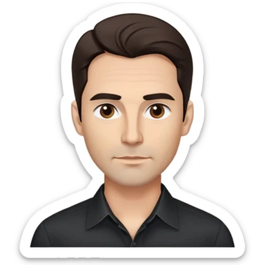 Fit good-looking 40-year-old with young appearance, light brown complexion, elongated face, fine jawline, intense dark eyes, medium eyebrows, straight nose, attractive confident expression, medium wavy dark hair with modern styling, wearing a crisp black button-down shirt sticker