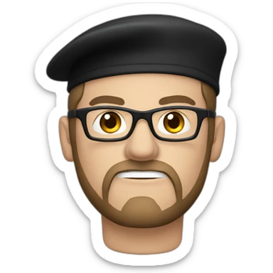 angry, caucasian, drummer man with a black beret, glasses, and black t-shirt with drummer sticker