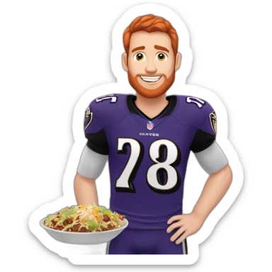 a red-haired young man without a beard wearing a ravens jersey and eating a chipotle burrito bowl sticker
