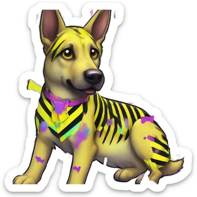 .Zombie_ Vaporwave black holographic oilslick zombie yellow Labrador German shepherd zombie dog yellow caution tape graffiti stripes iridescent blue purple mane yellow stripes sticker