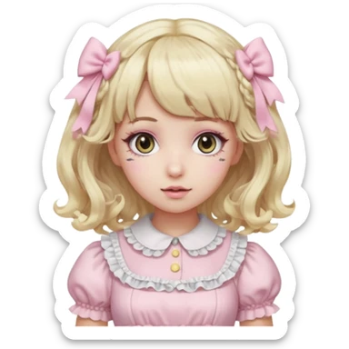 pale girl with curly medium length blonde and baby pink swirled hair with bangs, grey eyes, doll-like makeup, wearing a light pink lolita hime gyaru dress, emoji style sticker