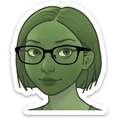a girl with blue eyes, short blond hair, and square glasses, bufo frog meme style sticker