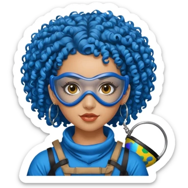 blue curly haired paintball player girl with huge earrings, wearing paintball mask sticker