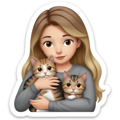 Une femme avec les cheveux dégradée, brun et blond, qui fait un câlin à son chat gris, tigré avec les extrémités que pattes pointe d’oreilles noires et le dessous du menton blanc la fille n’a pas d’oreilles, il n’y a qu’un seul chat sticker