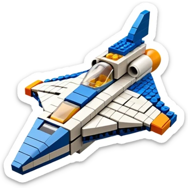 A photorealistic icon featuring a detailed LEGO spaceship, with colorful bricks assembled into a futuristic design. The model includes small LEGO pieces, creating a sense of craftsmanship and creativity. Transparent background, symbolizing LEGO building and space exploration. sticker