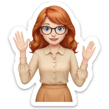 redheaded woman with very long wavy hair and bangs, blue eyes, cat-eye glasses, pencil skirt, apricot blouse, waving, smiling sticker