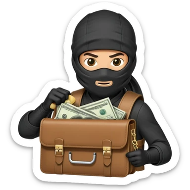 Stealthy ninja holding open money briefcase showing cash inside sticker