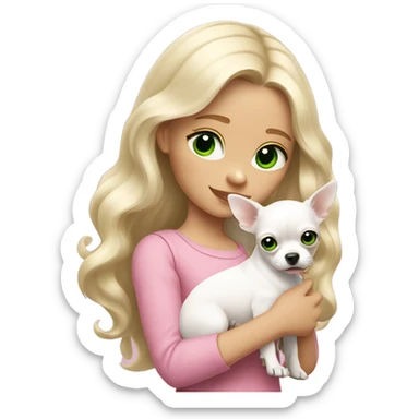 pale blond girl with wavy long platinum hair with green eyes holding a white chihuahua puppy that wearing a pink bow sticker