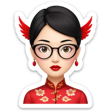an oriental lady wearing red cheongsam, red lipstick, winged eyeliner, fair light a bit pink skin, small nose, a bit thick sensual lips, not too slim but not fat, wearing transparent glasses, black hair mid length sticker
