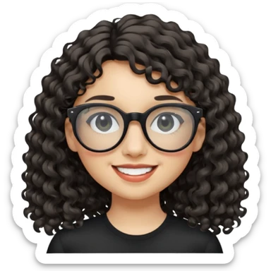 create a frontend girl that has a round face and very long curly hair with a side curtain bangs and wears black square rayban glasses doesnt smile with her teeth and white sticker
