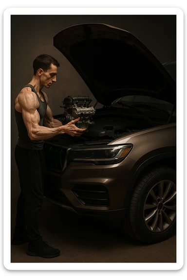 a lean, slimmed-down bodybuilder in gym clothes stands beside a large, imposing car (like an SUV or luxury sedan) with the hood open. Con attenzione e un po’ di fatica, solleva e installa un piccolo motore nel grande vano motore dell’auto. Il contrasto tra la stazza dell’auto e la dimensione ridotta sia del motore che del bodybuilder è evidente. L’atmosfera è riflessiva e simbolica. sticker