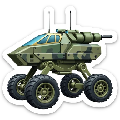 a 4-wheel armored stealth camouflage army massive mech trail vehicle shooting forward side-hill leaning actively independent suspended pod gimbal enemy mech off-road racing rover with large fast engine  sticker