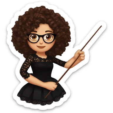 Hispanic woman with chocolate brown curly hair,cateye black glasses, brown eyes, holding a crochet hook in one hand and yarn in the other hand, wearing a black lace shirt sticker