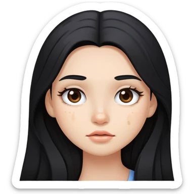 girl with long black hair, soft makeup, and a pimple on her face sticker