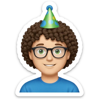 A white guy with curly brown hair and green eyes with a happy face, and wear square black glasses.He’s also got a full silver birthday party hat on his head with blue pom poms on top of it, and his T-shirt is all black, he wears a little gold circle earrings on his left  sticker