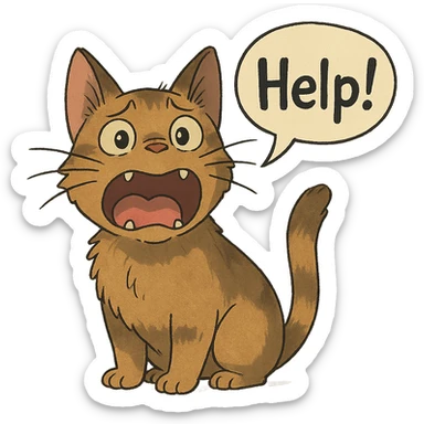 ghibli style cute cat, wide open mouth, shouting 'Help!' with expressive face sticker