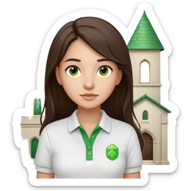 architect woman light skinned dark brown hair in WHITE POLO, long hair but then wearing proper architeture attire green touch of colors sticker