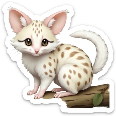 Albino-white, soft natural realistic romantic vintage antique divine beautiful elegant pretty precious cute young youthful  Fakémon-Pokémon-opossum-feline-mouse-serval-caracal-chinchilla-Minccino-Cinccino-Meowstic-rodent-hybrid-creature with a big fluffy bushy tail (full body) sticker